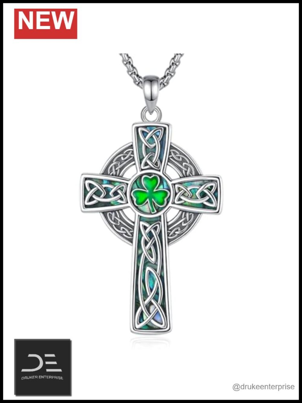 925 Sterling Silver Celtic Cross Pendant Necklace with Abalone Shell, 24 Inch